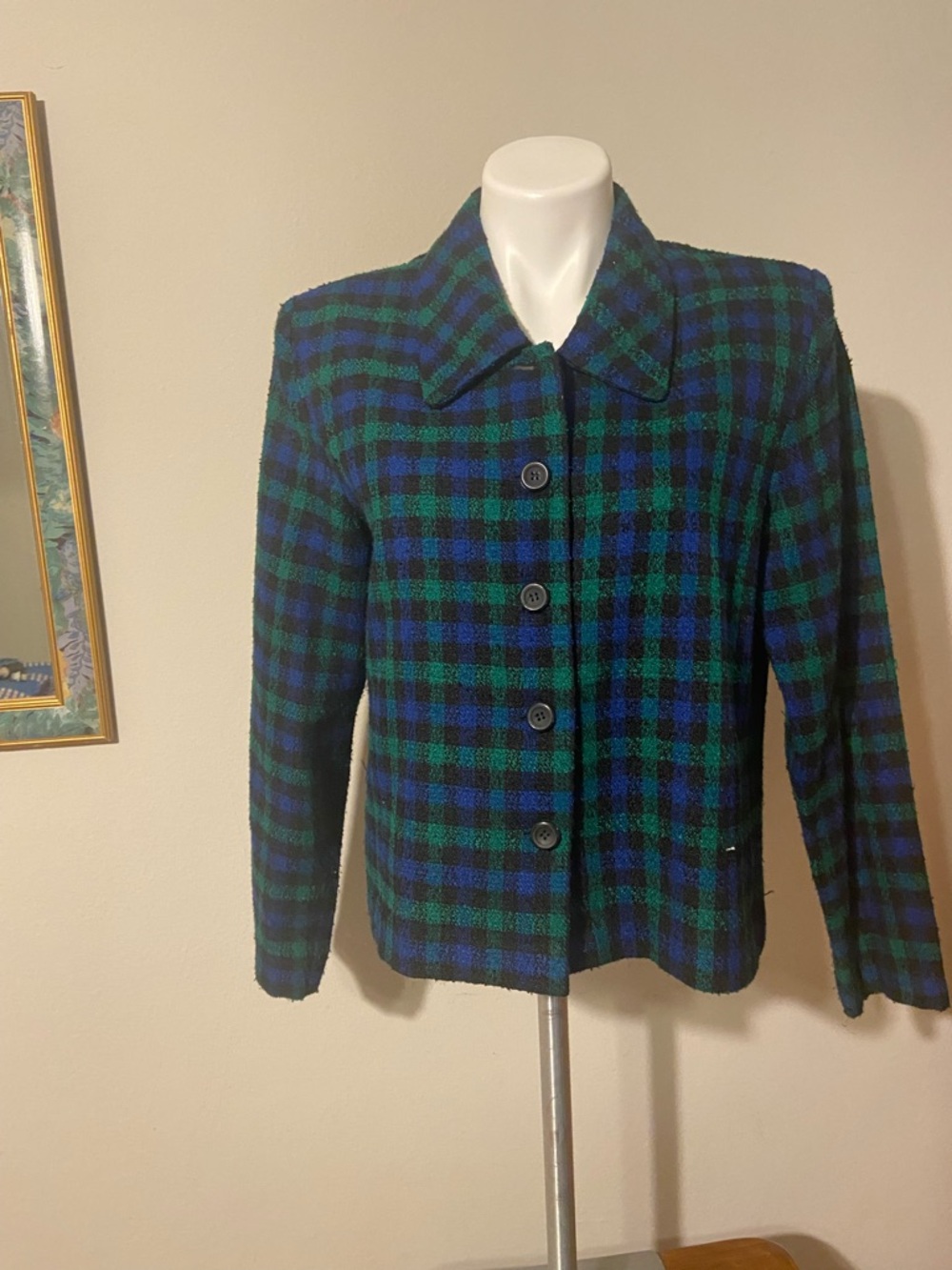 Melissa Harper Tailored Green & Blue Plaid Button-Front Blazer